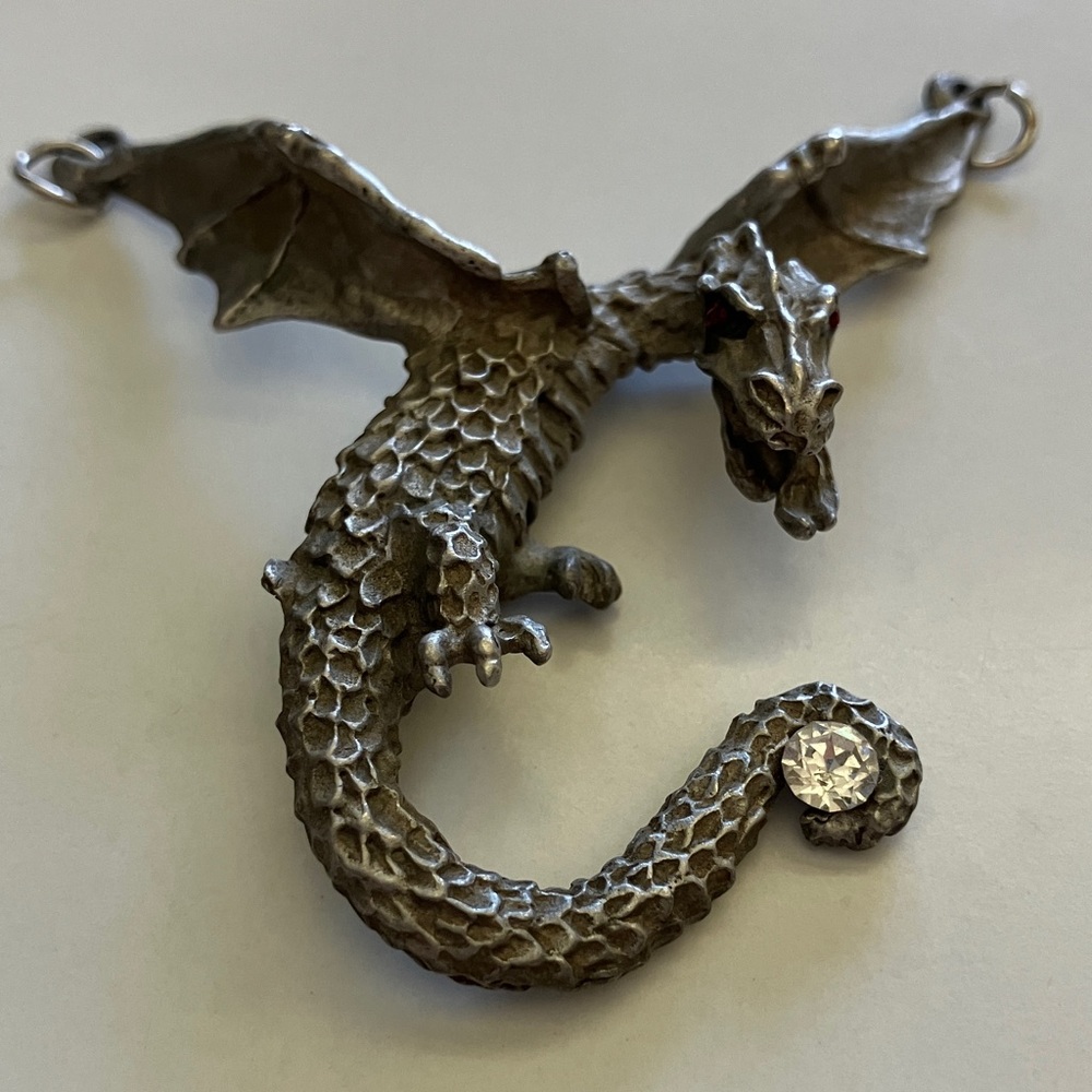 Gallo 1988 Pewter Dragon Pendant with Red Crystal Eyes Holding Crystal in Tail